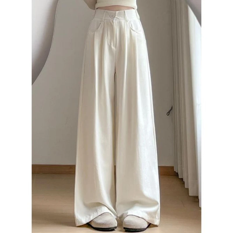 2025 ฤดูร้อนผู้หญิงเก๋ชุดกางเกงขากว้างหญิงผ้าไหมน้ําแข็งบาง Baggy Casual กางเกงเลดี้สีทึบ Basic กางเกงเอวสูง