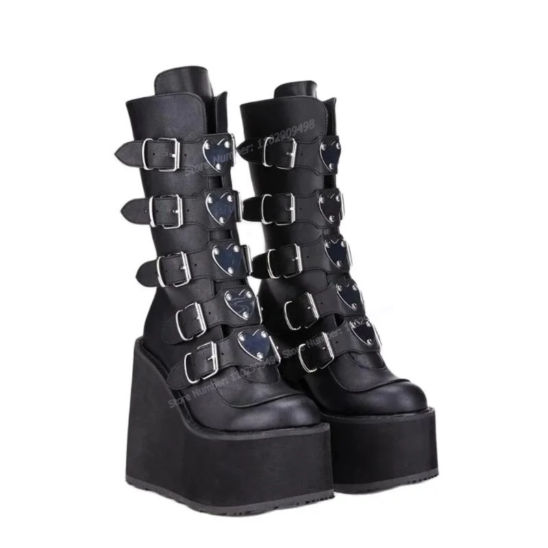 

Black Wedges Heel Mid Calf Boots Strappy Decor Round Toe Shoes for Women Platform High Heels Y2K Shoes 2023 Zapatos Para Mujere