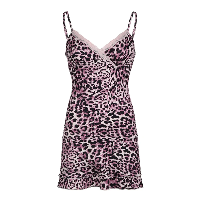 BIKPIIK-Mini vestido de leopardo com retalhos de renda feminino, alça de espaguete rosa, corte baixo, vestido deslizante em camadas, casual slim fit, moda feminina