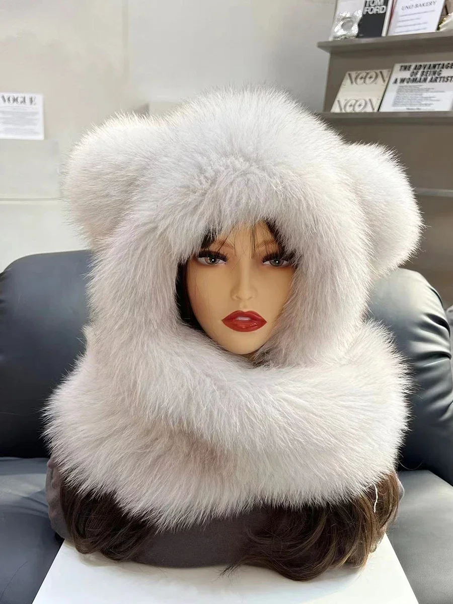 Cute real fox hair scarf integrated snow hat women's dual-purpose fur hat outdoor warm scarf hooded