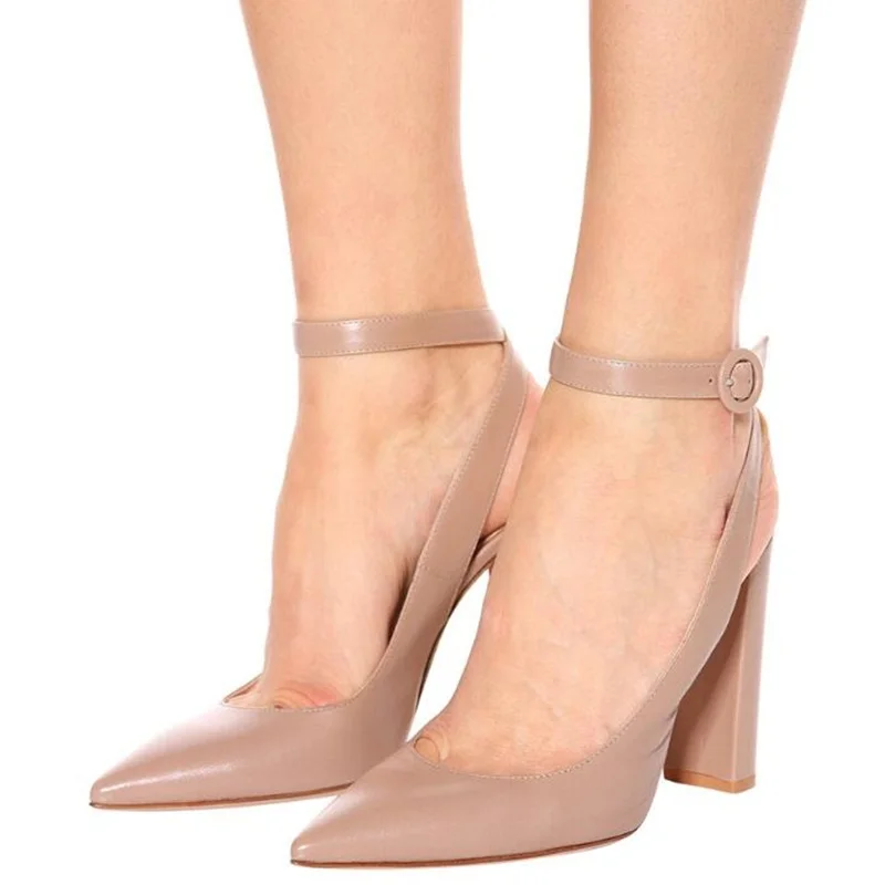 

Big Buckle Strap Pointed Toe Slingback Shoes Beige Black Matte PU Leather Chunky Heels Women Spring Autumn Dress Shoes