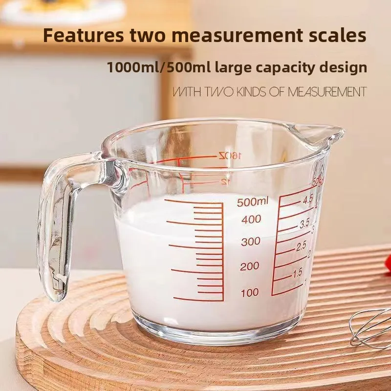 

Kitchen Glass Measuring Cup with Pouring Mouth Egg Beating Bowl High Temperature Resistant Baking Cup with Handle Filtering