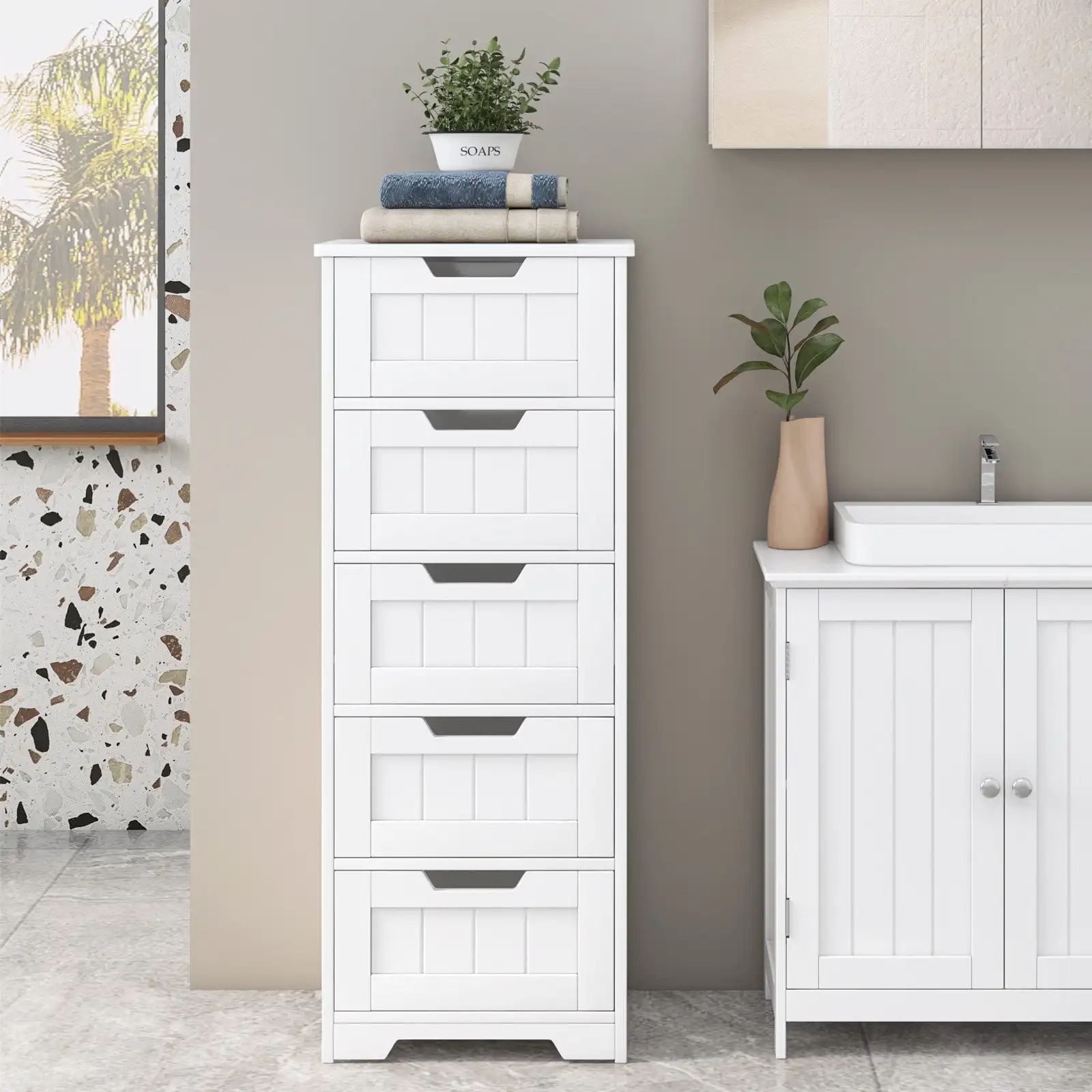 Modern Bathroom Floor Medicine Cabinet with 5 Drawers, Free Standing Storage Organizer Unit for Living Room Bedroom, White