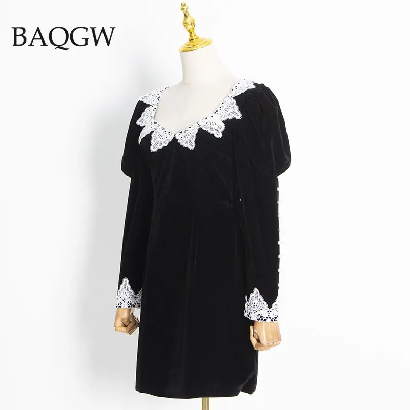 Lace Patchwork Black Velvet Dresses Elegant Off Shoulder Long Sleeve Pearl Vintage Party Evening Porm Mini Dresses Formal Gowns