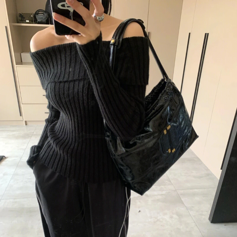 Pullovers Women Autumn New Trendy Slash Neck Off Shoulder Vintage Black Solid Sweaters Knitted Lady Gentle All-match Ins Lazy BF