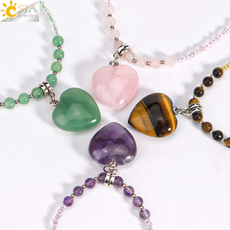 CSJA Heart Quartz Pendant Necklace for Women Healing Natural Stone Amethysts Crystal Charm Glass Bead Choker Christmas Gift T024