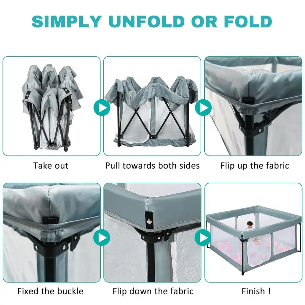 روضة أطفال قابلة للطي مع أرضية مبطنة، منطقة لعب خارجية وداخلية للأطفال (رمادي، 50 × 50 بوصة)