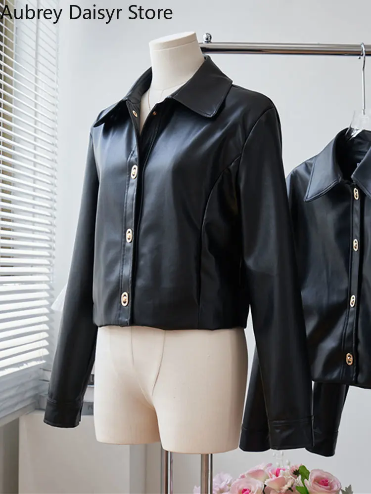 Chaqueta de cuero con diseño de botones para mujer, abrigo corto de piel sintética, moda coreana, ropa de calle Y2k, chaqueta de motorista, Invierno 2022