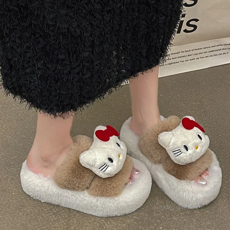 Sanrio Hello Kitty Cute Cartoon Color Blocked Fluffy Slippers Women's Autumn New Warm Slippers Thick Sole Comfortable Home Shoes