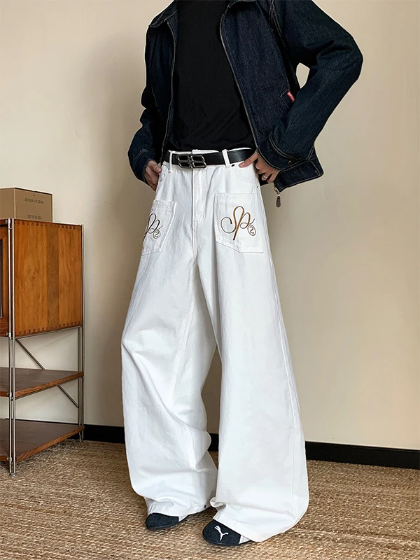 

Retro American Embroidered White Knife Jeans Men's Loose Straight Leg Trendy Brand Design Waed Wide Leg Pants