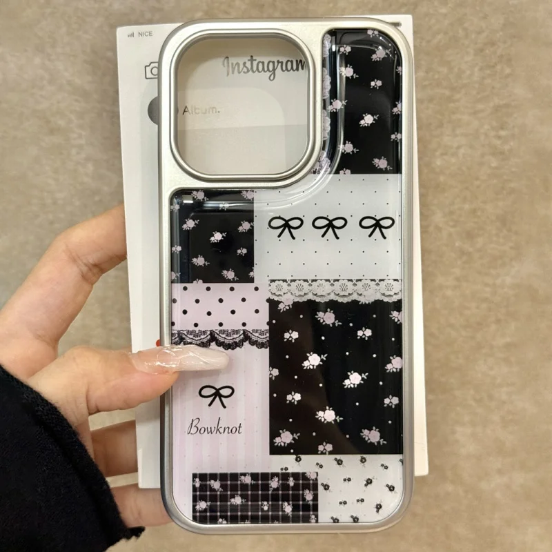 INS Cute Lace Bow Floral Polka Dot Letters Plating Phone Case For iPhone 16 15 14 Pro Max 13Pro Protective Back Cover Sweet Girl