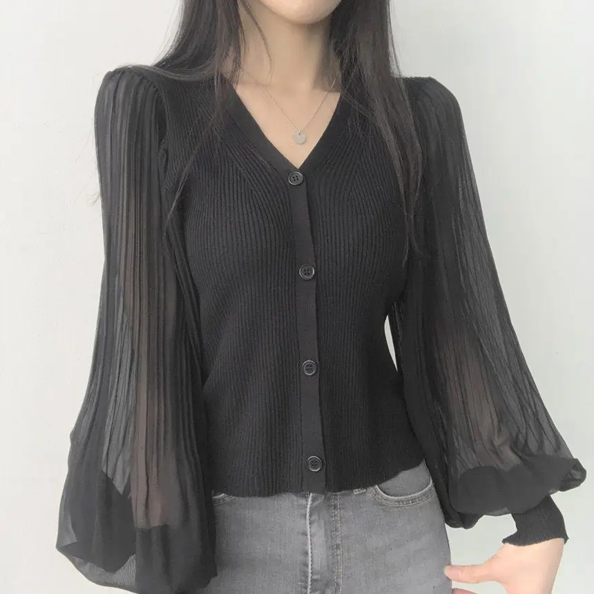 V Neck Solid Button Pleated Patchwork Temperament Tops Spring Autumn Long Sleeve Elegant T Shirts Fashion Korean Women Clothing 16 Se983afff3f224be2a00139c900deff80Y