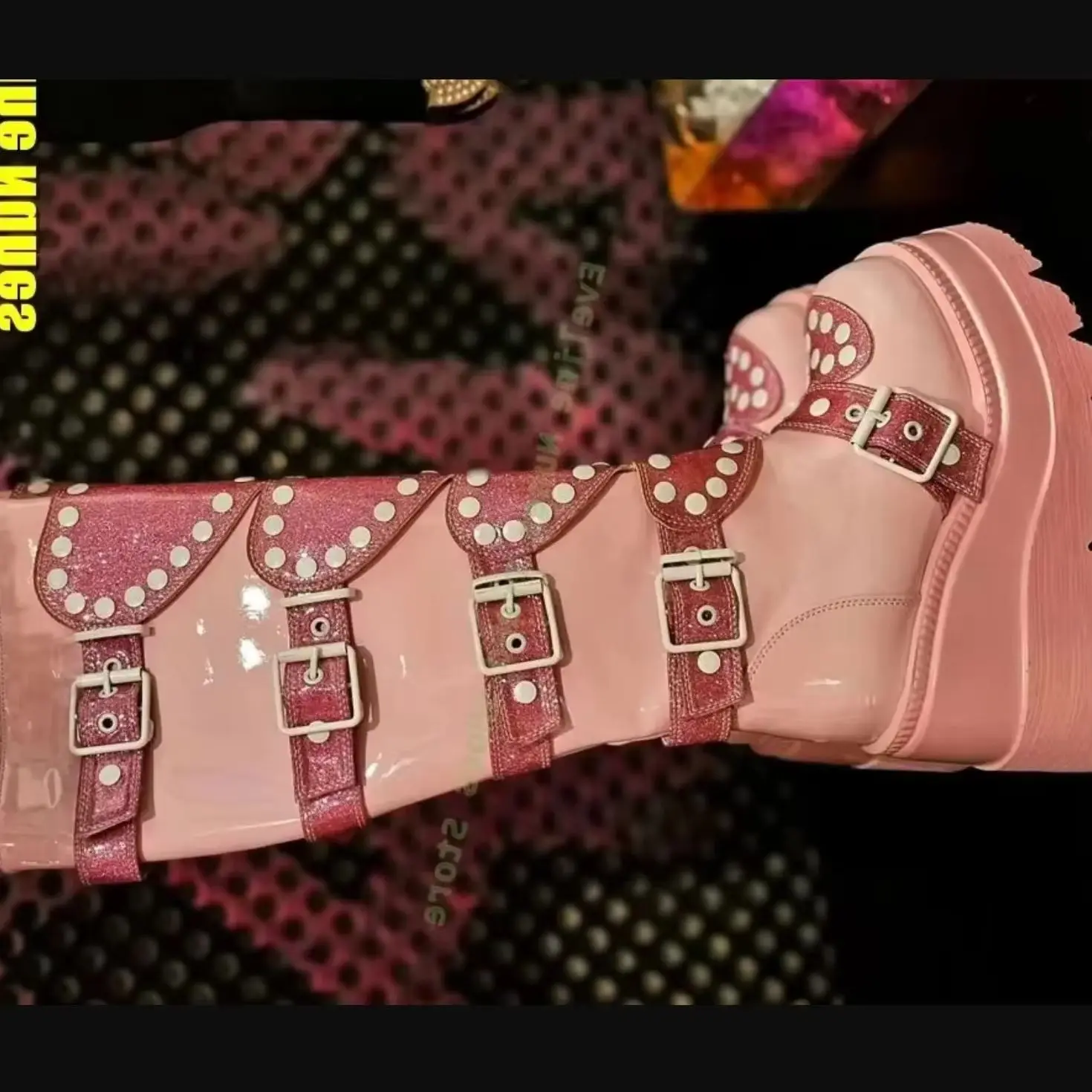 2026 Pink Fashion Shoes Heart Platform Wedge Knee High Boots Street Style Round Toe Thick Sole Belt Buckle Women Y2K Sweet Cool