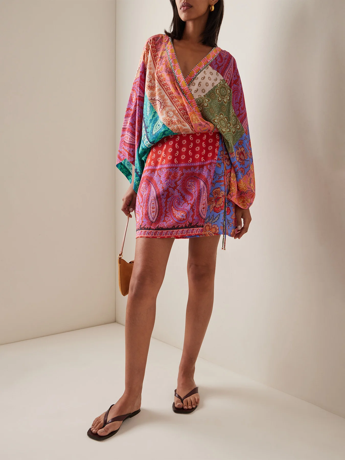 Böhmisches Farbblock-Paisley-Print Kimono-Wickelkleid für Damen V-Ausschnitt 3/4 Ärmel Strandkleid Lässige Kurze Kleider Sommer 202 – Detail 1