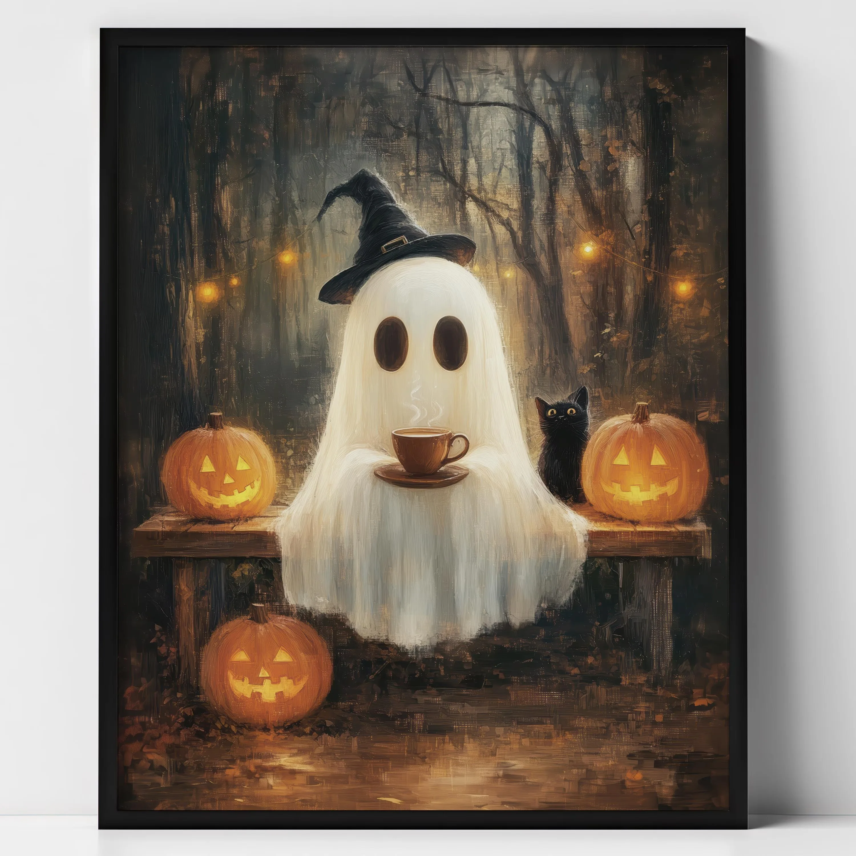 1pc frameless Canvas Painting Cute Ghost Black Cat Riding A Broom Canvas Print Ghost Read Book Jack-o-lantern Halloween Wall Art