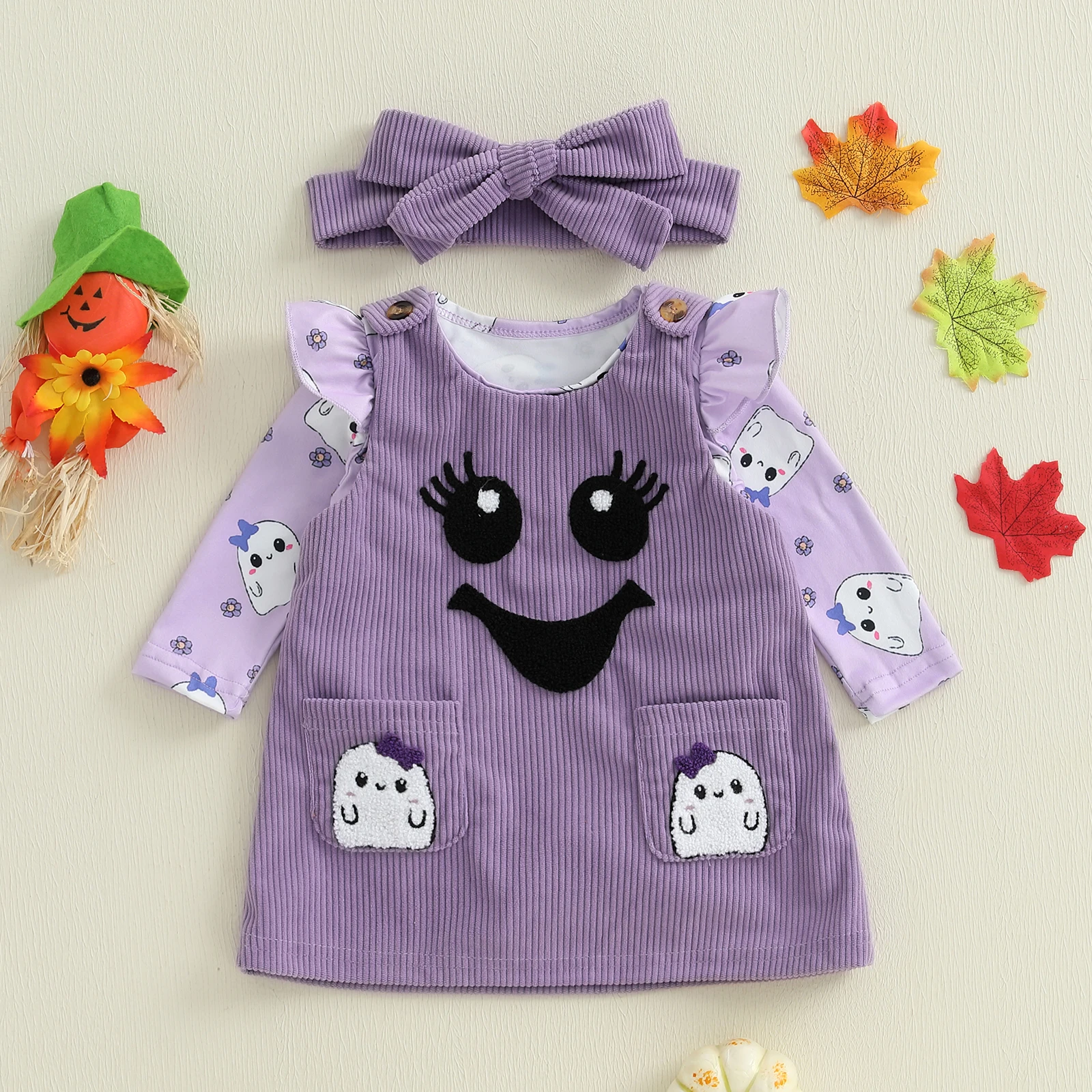 

0-18 Months Baby Girl Halloween Outfits Ghost Print Long Sleeve Romper Embroidery Sleeveless Dress Headband