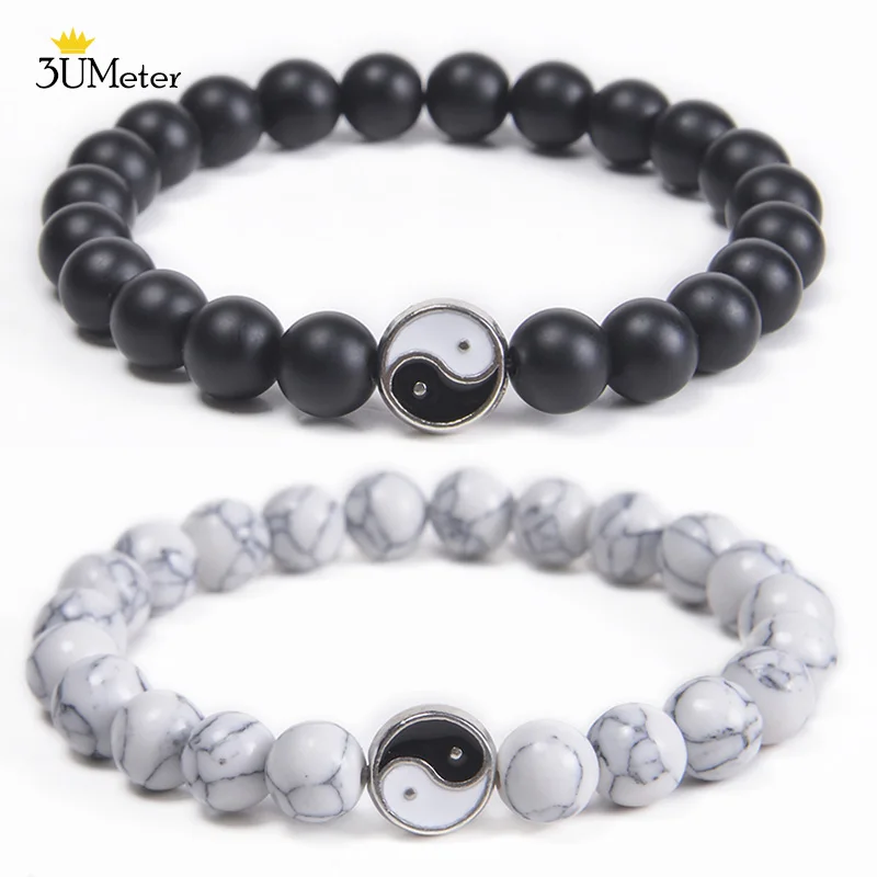 3UMeter Tai Chi Beaded Couple Bracelet for Lovers Yin Yang Natural Stone Bracelets Black Matte Lava Stone Tiger Eye Bead Jewelry