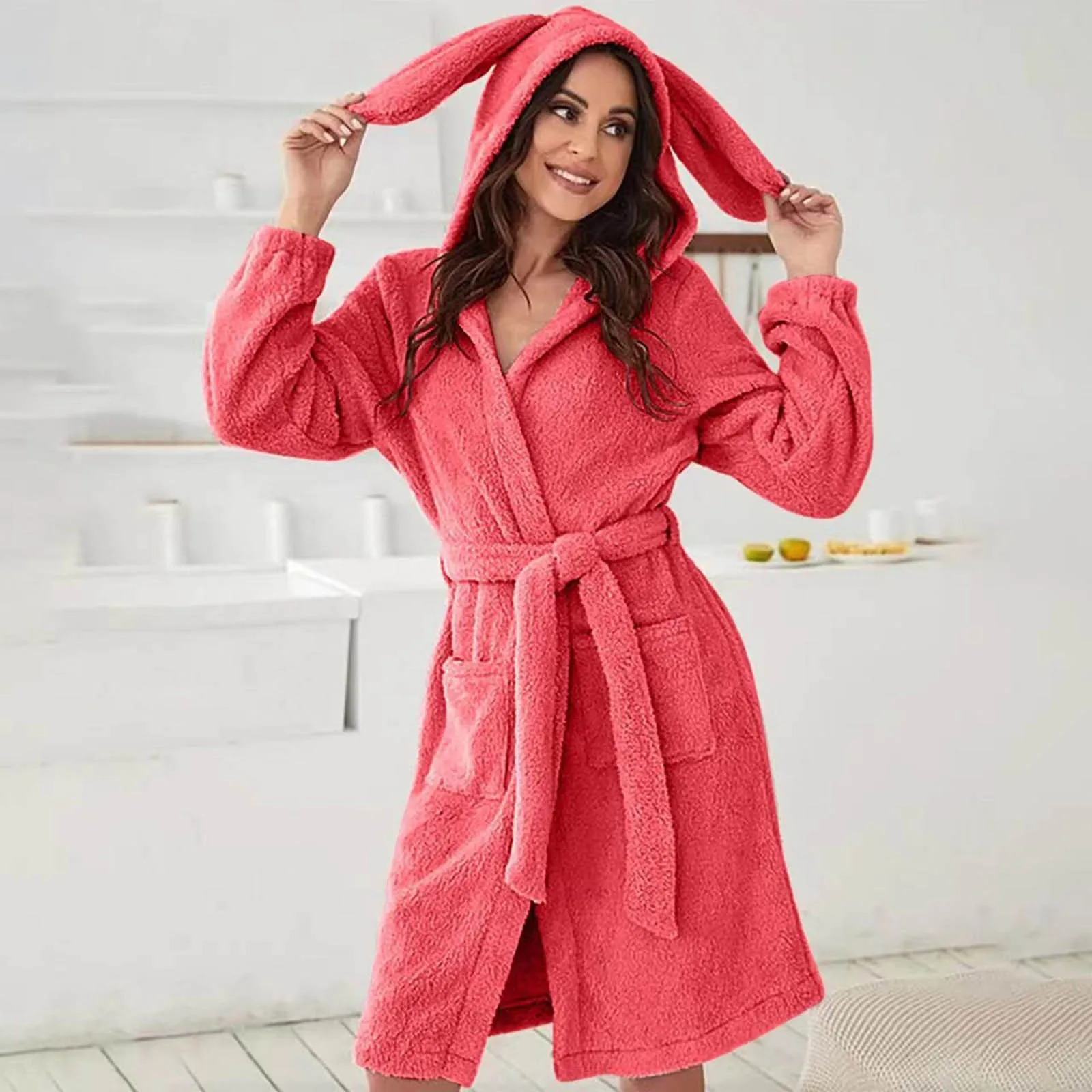 

Cute Rabbit Ears Warm Kimono Robe Women Plush Fleece Bathrobes Sleepwear Winter Long Sleeve Ear Hooded Nightgown Pajama pijama