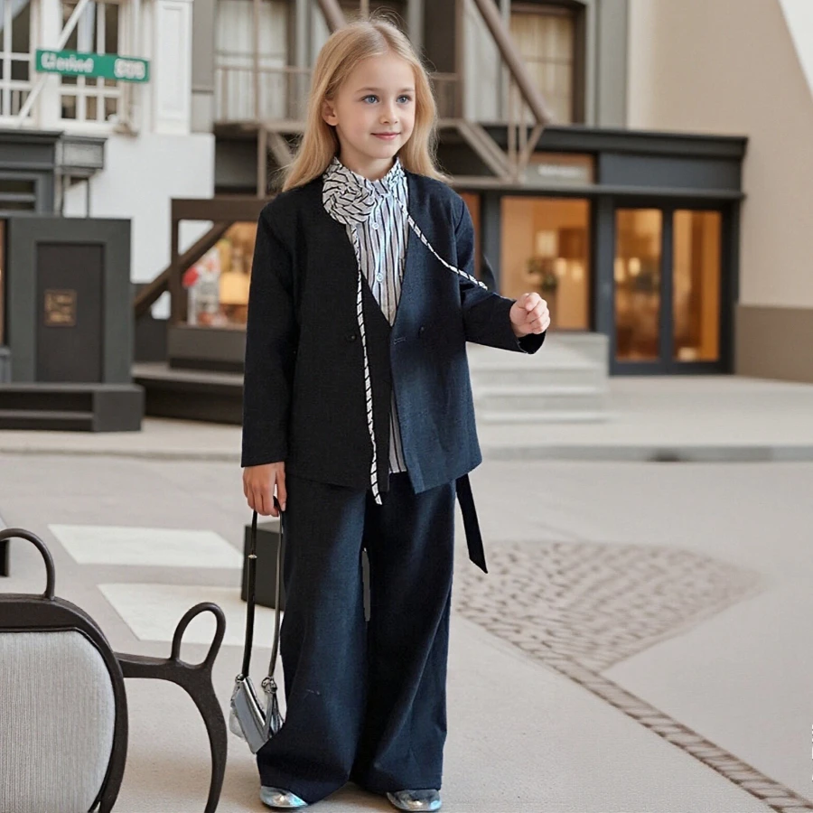 2026 Girls Costumes Gray V-neck Blazer & Wide Leg Pants Suit Set Spring School Casual 2-Piece Outfit Teens Children's Clothing