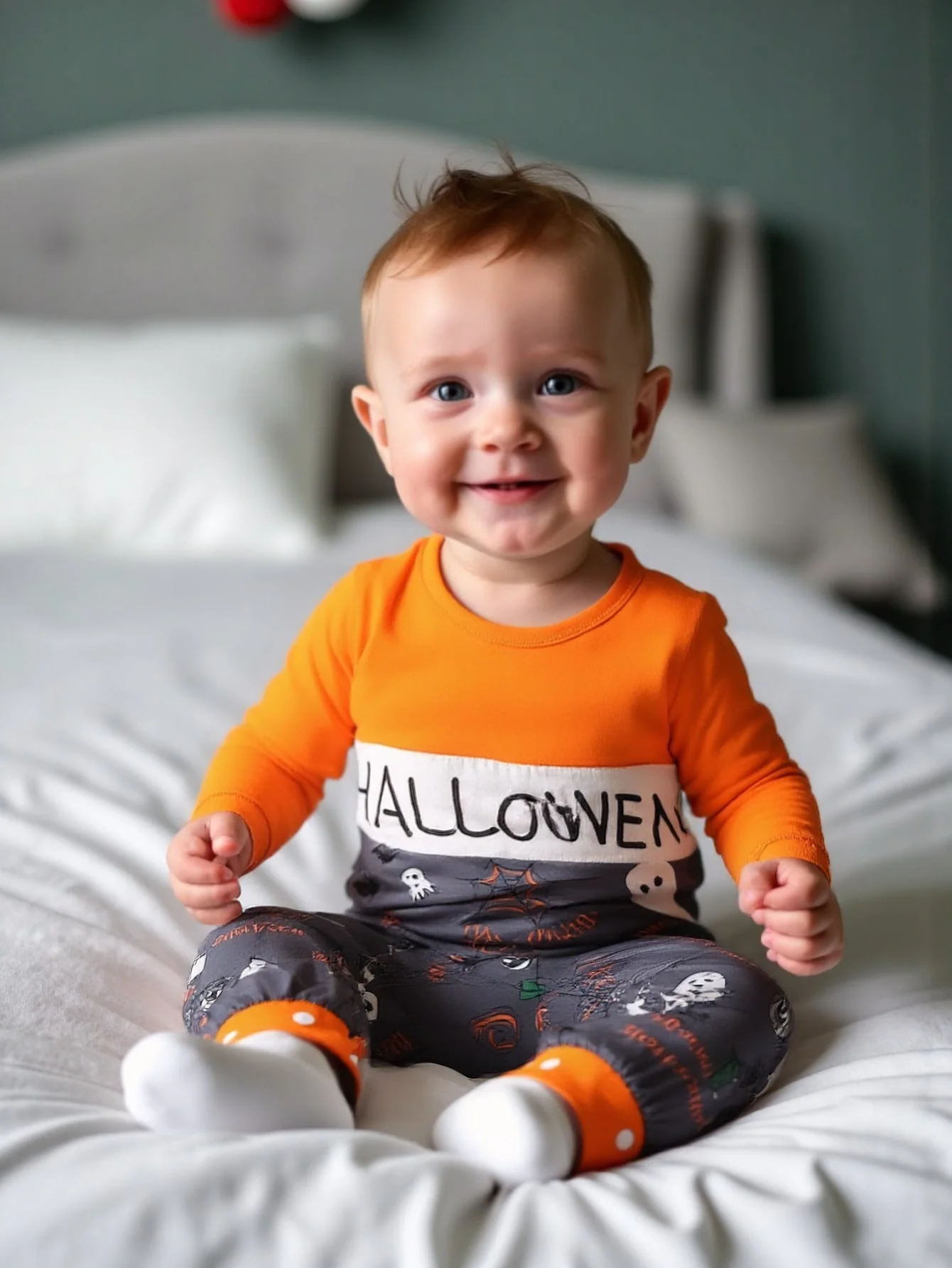 1pc Fall Unisex Baby Halloween Long Sleeve Romper, Orange Gray Color Block Ghost Spider Web Pumpkin Print Crotch Snap Jumpsuit,