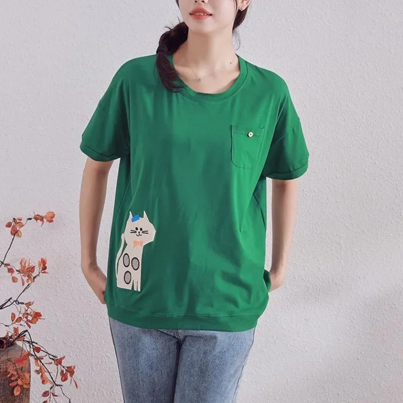 DIMANAF 2024 Summer New T-Shirt Women Embroidery Printing Loose Casual Basic O-Neck Tops Green Tops