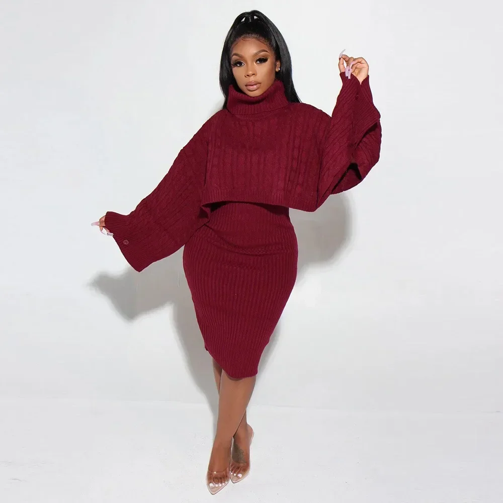 Women Knit Two Piece Sets High Neck Knitted Pullover Cloak Sweater & Spaghetti Strap Bodycon Dress Spring Fall Chic Suit Outfits