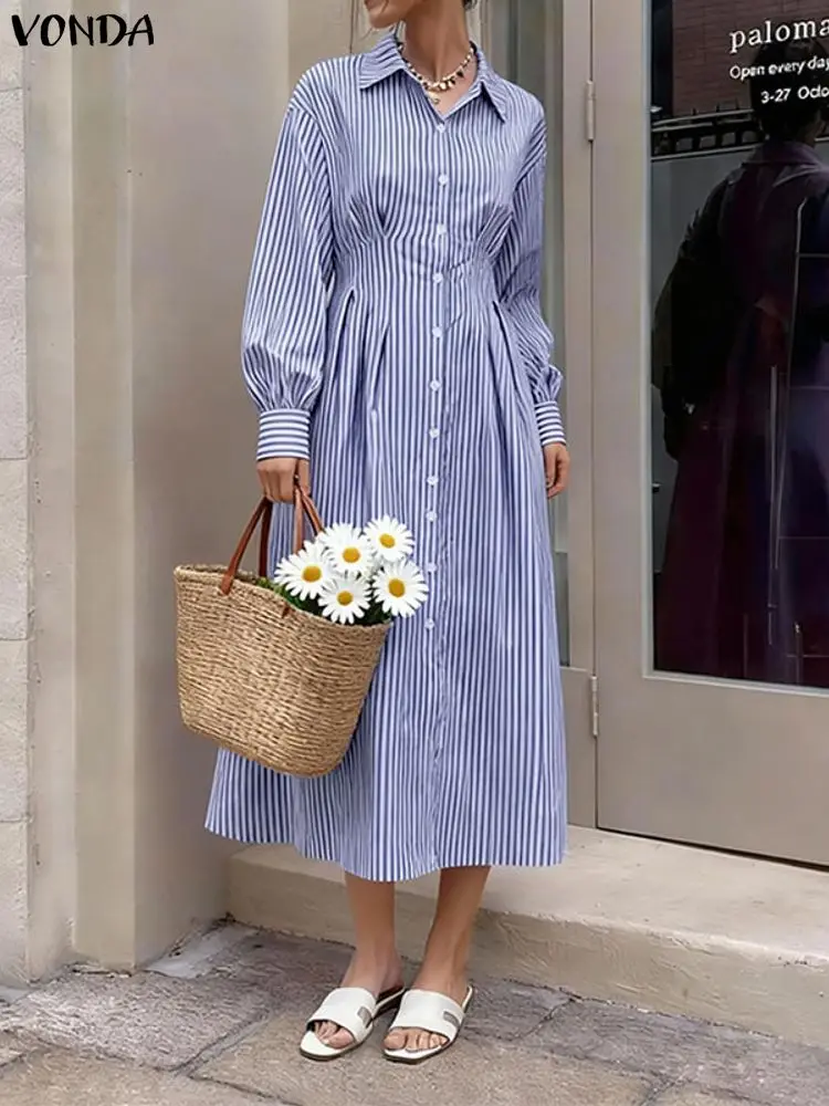 

Плюс размер 5XL VONDA Женские модные полосатые платья макси Осенние платья с талией и лацканами с длинными рукавами Вечерние платья на пуговицах Праздничный длинный халат