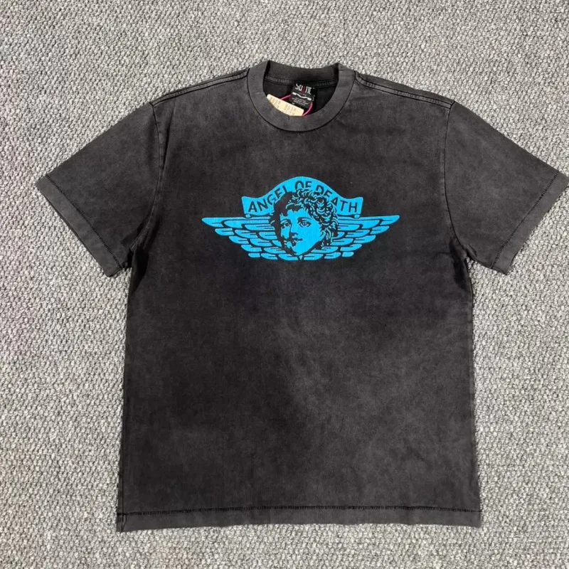 Blue Cracked Print Angel Saint Tshirts Vintage Distressed Black Round Neck Short Sleeve Summer Hiphop Street Tops Men Men Outfit
