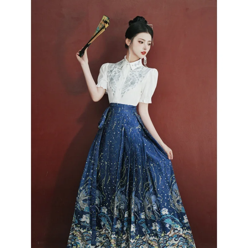 

Chinese National Style Hanfu Han Elements Embroidered Short Sleeve Top Vintage Maxi Chinese Style Horse Face Skirts For Women