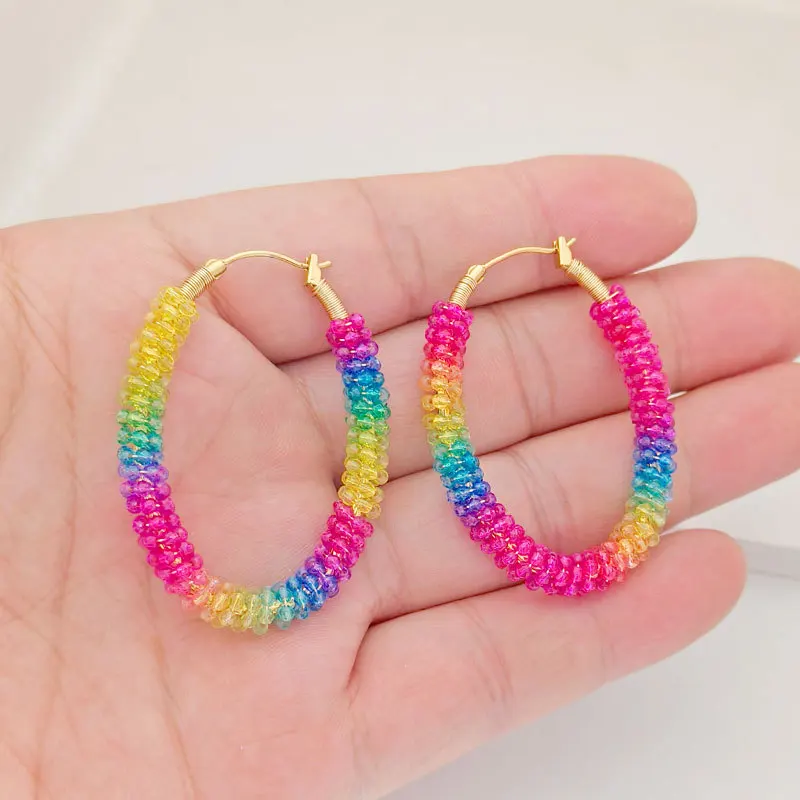 Beaded earrings Circle Rainbow Hand knitting Crystal Gradient color Entangle Bohemia Alloy Tide Simple Female Rice bead earrings