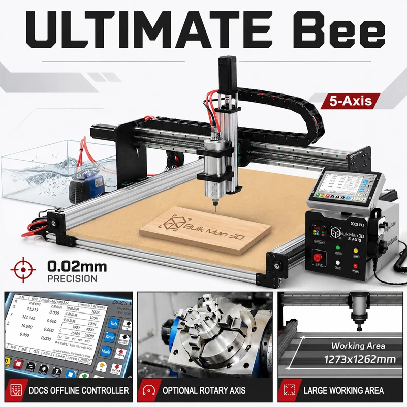BulkMan3D ULTIMATE Bee 5-Axis CNC Router Machine Full Kit Ball Screw DDCSV4.1 Offline Control 2.2KW Spindle CNC Wood Engraver