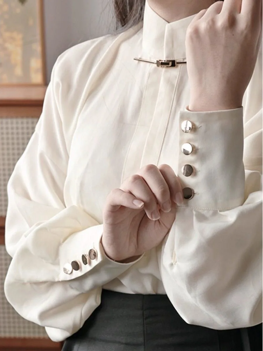 

Slim Fit Long Sve irt Women's Sle Stand Collar Korean Commute Faion plus Size Autumn Winter New Chinese National Trend