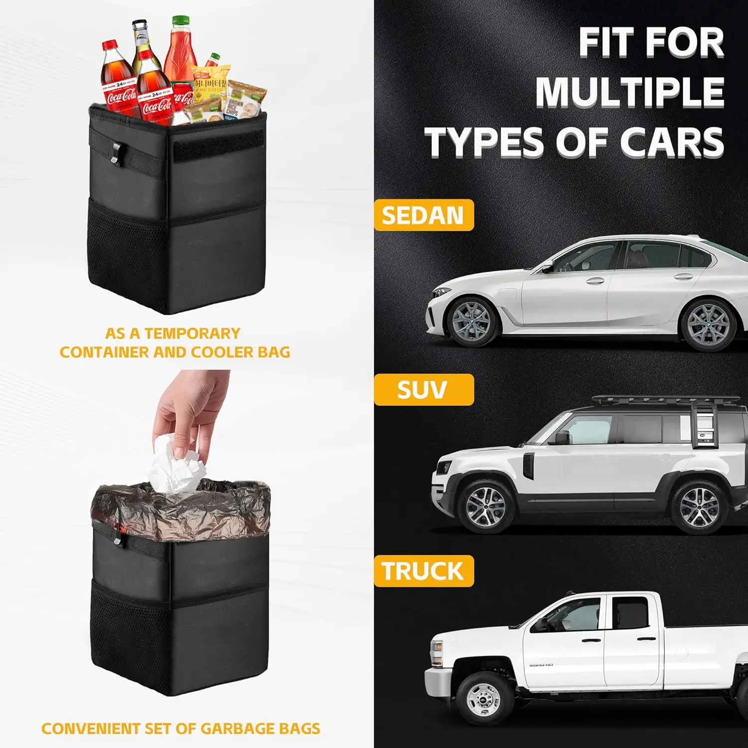 3-in-1 Car Trash Can with Lid & Waterproof Storage Bag - Leakproof Multi-Use Organizer for Cars, SUVs, Trucks (Front/Rear/Consol - view 5