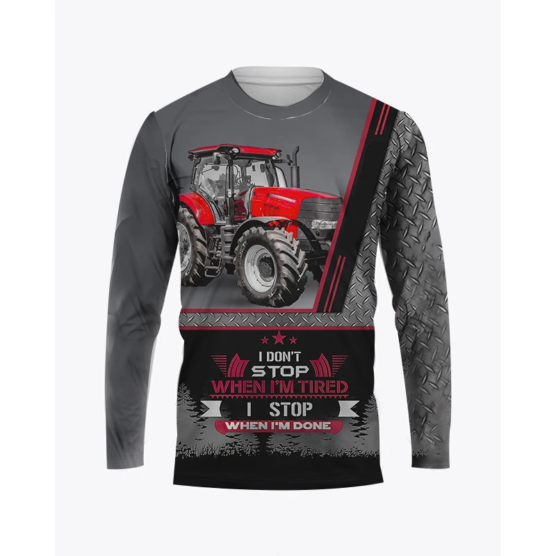 3D Farm Tractor Print Men's Long Sleeve T-Shirt Autumn Daily Outdoor Farmer Work Clothes Loose Round Neck Quick Dry Pullover Top