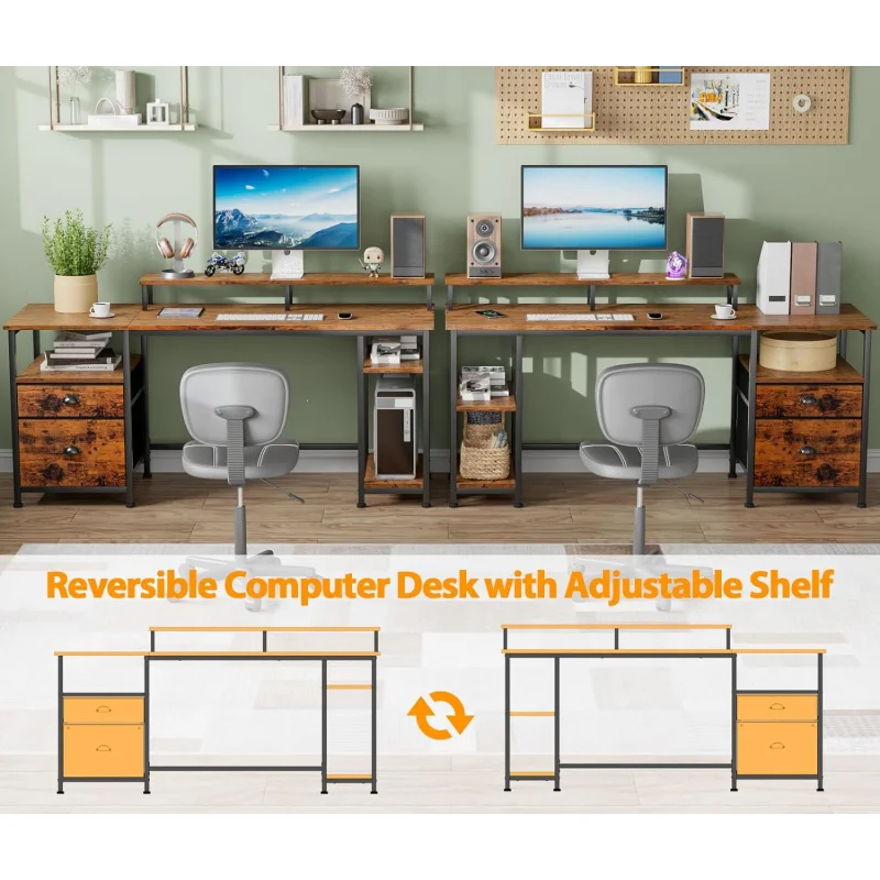   Rustic Brown  61in NO Outlets Desk with Fabric File Drawer, Reversible Computer Shelves and , Industrial Writin
