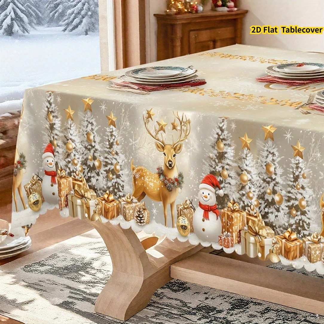 VIKAMA Golden Christmas Tablecloth Reindeer Snowman Tree Gift Star Snowflake Washable Rectangle Table Cover for Kitchen Dining