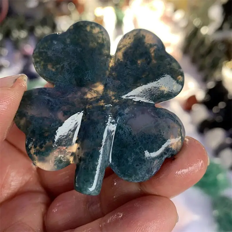 الطحلب الطبيعي العقيق أربع أوراق البرسيم نحت الأحجار الكريمة الريكي أحجار استشفاء محظوظ الحرف غرفة مكتب تمثال للتزيين هدية 2 قطعة