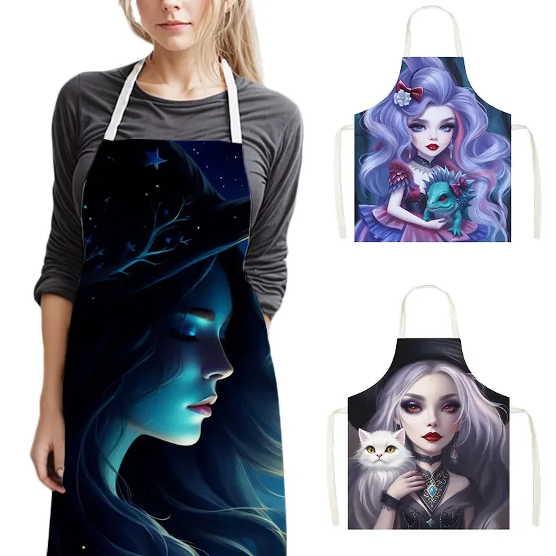 Fantasy Witch Black Cat Kitchen Apron Gothic Girls Skull Women Pinafore Household Cleaning Clothing Chef Waiter Cooking Aprons