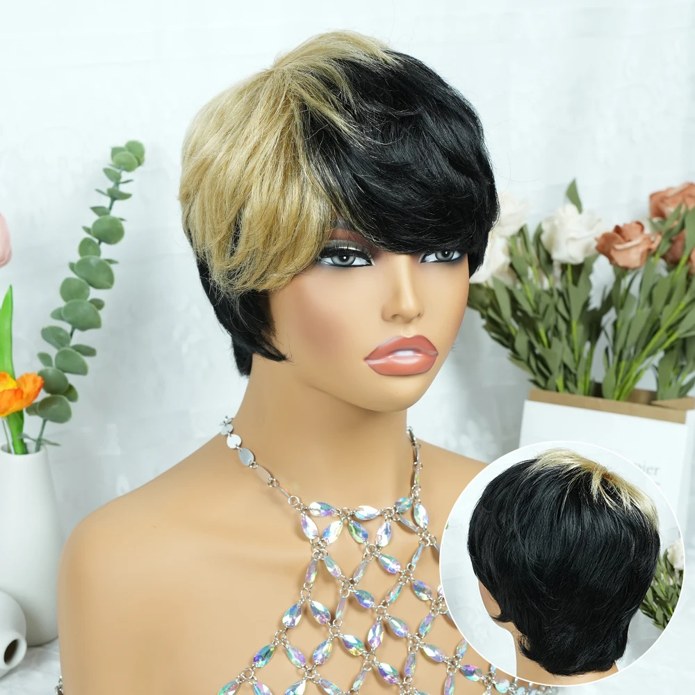 1B/27 Short Pixie Cut Wig with Bangs for Women