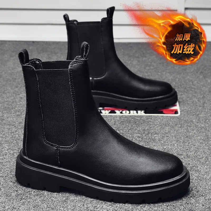Men Retro Fleece Lined High Top Work Ankle Boots Slip Resistant Outsole Windproof Warm Footwear For Daily Street Walking Autumn