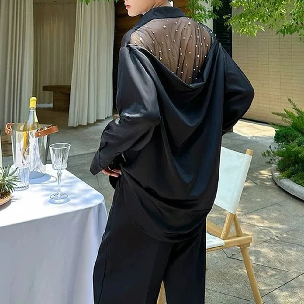 

Mens Y2k Shirt Mesh Pearl See-Through Shirt Streetwear Fashion Sexy Nightclub Stage Performance Long-Sleeve Top Men'S Clothing