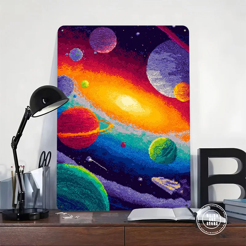 Pixel Art Space Scene Personalized 3D Textured Metal Poster Wall Art Tinplate Sign for Home Decor Living Room Decoration Gaming