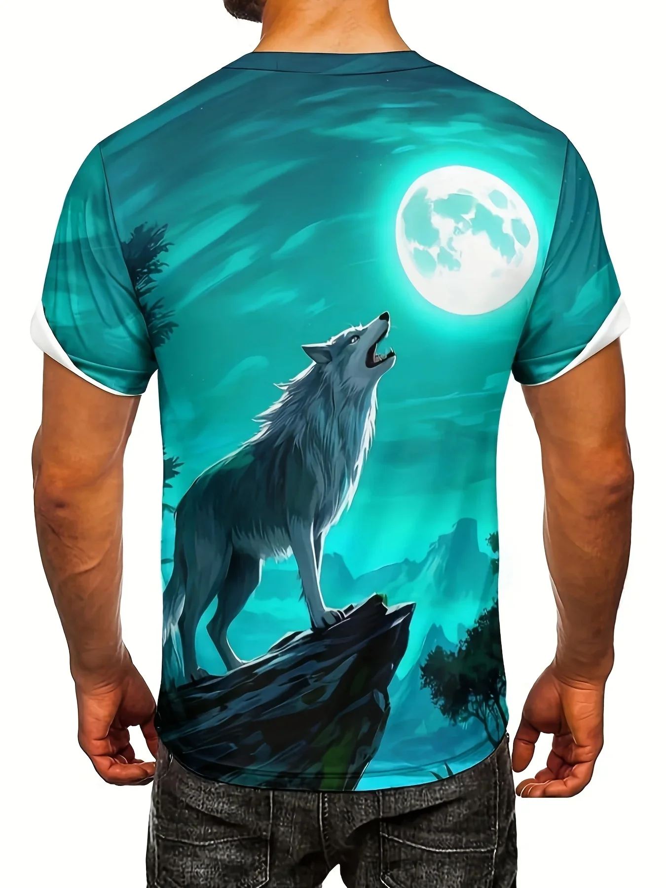 Fashion 3D Howling Wolf Full Moon Graphic T Shirt For Men Wild Animal Print Crew Neck Short Sleeve Outdoor Casual Streetwear Top