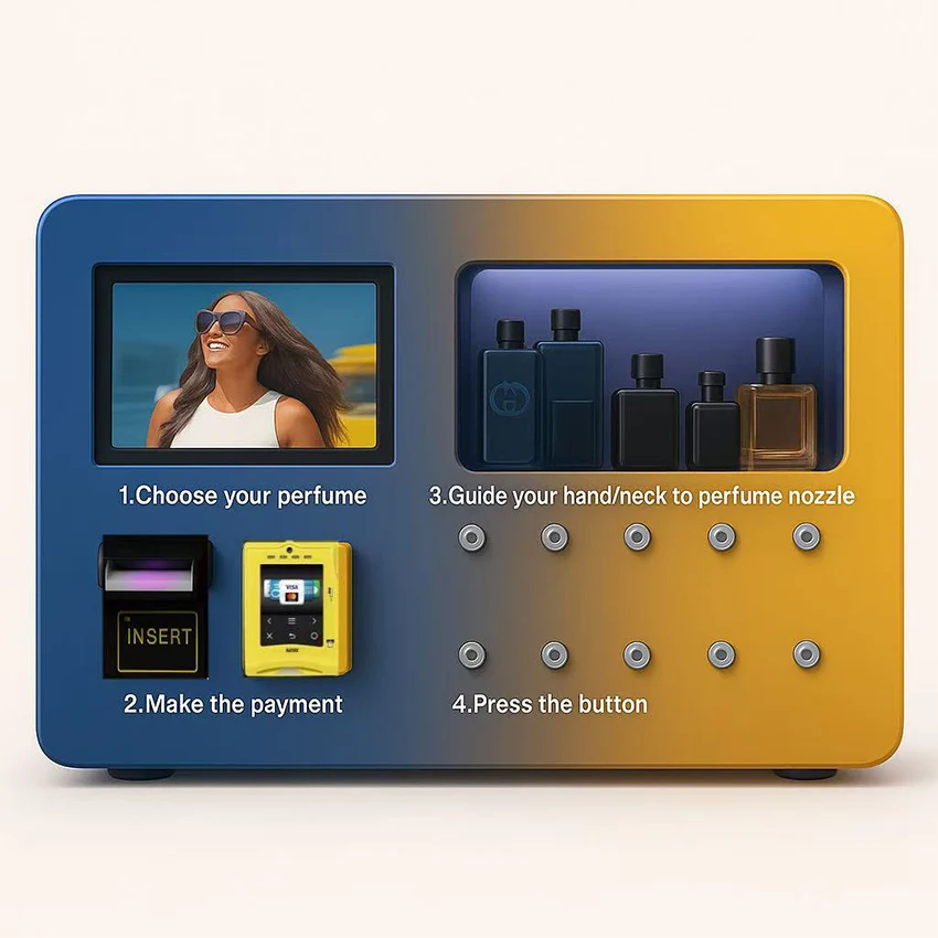 

Popular Automatic Perfume Vending Machine Coin Cash Card QR Code Payment Metal Fragrance Dispenser for Shopping Malls