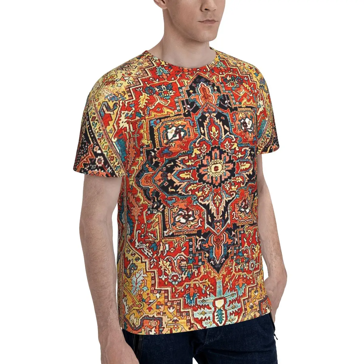 Heriz Persian Carpet Print T-Shirt for Men Cotton T Shirts Men's Tees Short Crew Neck Summer Clothes Tops