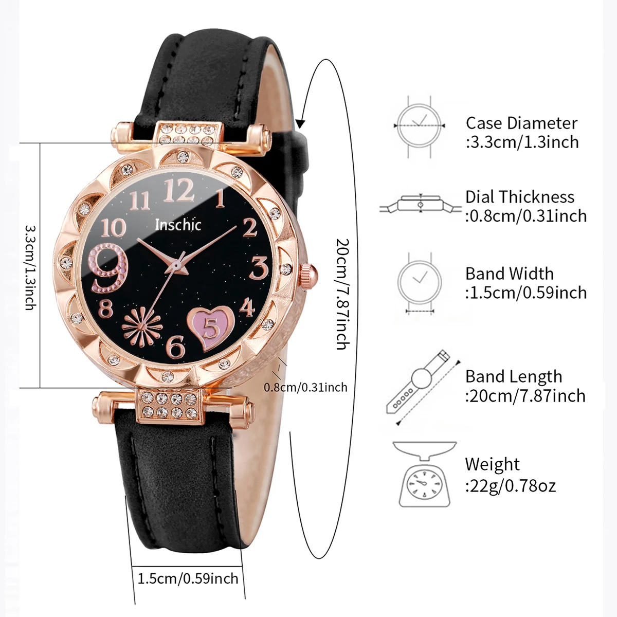 Jam tangan wanita Quartz, jam tangan wanita modis 4 buah/set, cinta romantis, muka arloji kulit, kuarsa, hitam putih dengan gelang berlian cinta