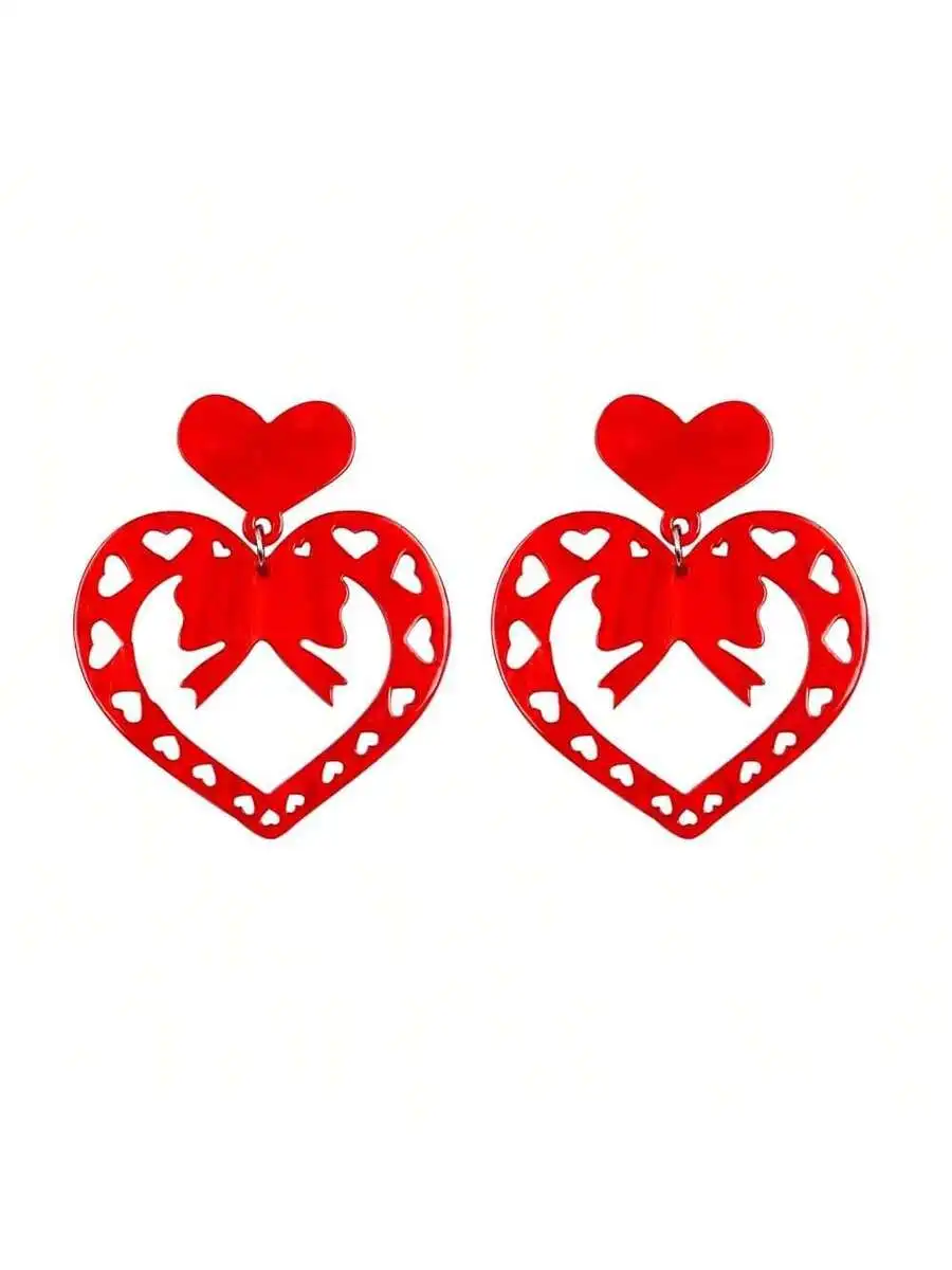 

Red Acrylic Heart-Shaped Dangle Earrings With Cutout Pattern For Valentines Day Festive Wear