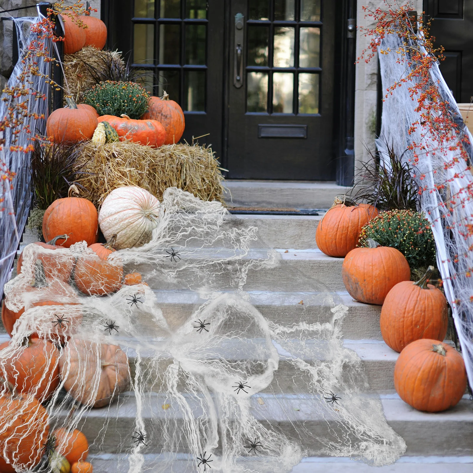 

4Packs Halloween Spider Web Decorations Stretch Cobwebs with Fake Plastic Spiders Spooky Indoor Outdoor Haunted House Party