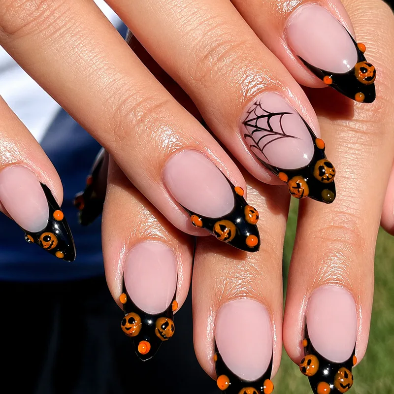 24Pcs Halloween Black French Press On Nails Pumpkin Spider Web 3D Drip Glue Pre-made False Nail Tips