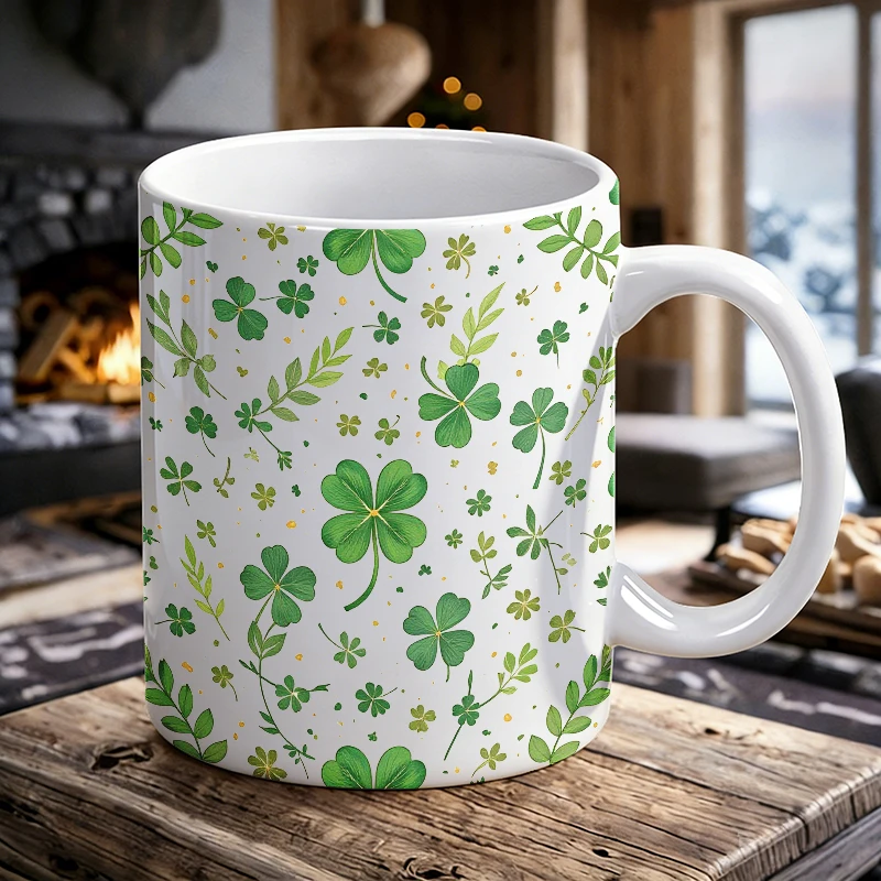 Watercolor green clover all-over print ceramic mug, coffee cup, milk cup, office tea cup, drinking cup, fade-resistant